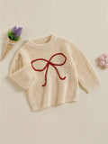 Cozy Toddler Girl Sweater - Soft Bowknot Embroidery, Long Sleeve, Round Neck, Loose Knit Pullover for Fall, Casual, Comfortable, and Adorable Outfit for Little Princesses