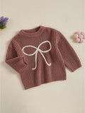 Cozy Toddler Girl Sweater - Soft Bowknot Embroidery, Long Sleeve, Round Neck, Loose Knit Pullover for Fall, Casual, Comfortable, and Adorable Outfit for Little Princesses