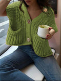 NEW Essnce Women's Loose Knit Vest With Double Pockets And Single-Breasted Metal Buttons