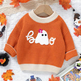 Adorable Cartoon Ghost Embroidered Sweater - Soft Cable Knit Long Sleeve Top for Toddler & Infant Boys, Perfect for Fall and Winter, Casual Wear, Letter Print Design, Halloween Theme, Comfortable and Cozy Clothing for Little Ones