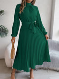 greatnfb  Solid Color Mock Neck Pleated Dress, Elegant Long Sleeve Belted A-line Dress, Women's Clothing