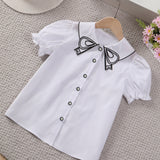 Cotton Girls Lapel Collar Puff Sleeve Short Sleeve Shirt - Fashionable Solid Color Summer Wear - Hand Wash Only, Non-Stretch, Regular Fit, Woven Fabric