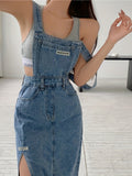 Split Side Plain Washed Blue Retro Style Raw Hem Overall Denim Dress, Women's Denim Jeans & Clothing