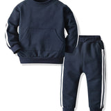 Buy 1 Get 1 Free, 2pcs Boys Fashionable Striped Warm Outfit Set - Cozy Long Sleeve Sweatshirt & Sweatpants for Spring, Fall, Winter - Comfortable & Durable