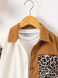 Girls Stylish Leopard Contrast Color Corduroy Long Sleeve Jacket Shirt Top With Pocket, Spring/Fall Clothing