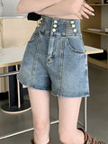 greatnfb High Rise Breasted Pintuck Denim Shorts, Retro Style Loose Fit Hot Denim Shorts, Women's Denim Jeans & Clothing