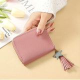 Women's Elegant Short Wallet, Foldable Flap Mini Coin Purse, Multifunctional Folding PU Leather Coin Pocket With Tassel Accent