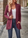 Plus Size Open Front Ribbed Cardigan, Casual Dual Pockets Long Sleeve Cardigan For Fall, Women's Plus Size Clothing