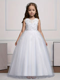 Elegant Princess Lace Gown for Girls - Flower Accents, Sleeveless Tulle, Full-Length - Ideal for Weddings, Pageants, and Formal Events