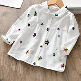 Adorable Boho Floral Embroidered Doll Collar Blouse for Little Girls - Soft 95% Cotton, Casual Long Sleeve Shirt, Perfect for Spring and Fall Season, Daily Wear, and Outdoor Activities