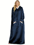 Solid Plush Hooded Robe, Warm & Comfy Long Sleeve Robe With Pockets, Women's Sleepwear