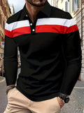 Men's Stylish Color Block Polo Shirts - Long Sleeve Lapel Golf Polos with Mid Stretch, Regular Fit, and Casual Style for Spring/Autumn Season Wear