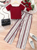 2PCS Girls Puff Short Sleeve T-shirt Top + Stripped Pants Set Spring Fall Christmas Gift, perfect for outdoor fashion wear