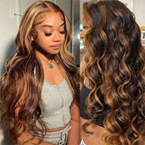 Honey Blonde Lace Front Wigs Human Hair 4/27 Highlight Ombre 4x4 Transparent Lace Frontal Human Hair Wigs For Women Pre Plucked Body Wave Highlight Lace Front Wigs 180% Density