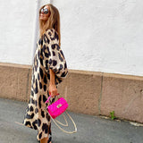 GREATNFB EBay Autumn and Winter New Long V-neck Loose Lantern Sleeve Leopard Print Dress Long Dress