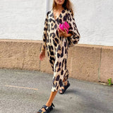 GREATNFB EBay Autumn and Winter New Long V-neck Loose Lantern Sleeve Leopard Print Dress Long Dress