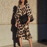 GREATNFB EBay Autumn and Winter New Long V-neck Loose Lantern Sleeve Leopard Print Dress Long Dress