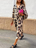 GREATNFB EBay Autumn and Winter New Long V-neck Loose Lantern Sleeve Leopard Print Dress Long Dress