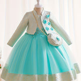 3pcs Girls Glamorous Puffy Princess Dress Set - Flower Embellished, Jacquard Jacket & Bag - Perfect for Parties & Performances