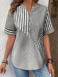 greatnfb  Striped Print Notched Neck Blouse, Casual Short Sleeve Button Front Blouse For Spring & Summer, Women's Clothing