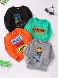 4pcs Fun Boys' Dinosaur, Bear, and Letter Print Casual Pullover Sweatshirts - Soft, Long Sleeve, Crew Neck, Creative Tops for Outdoor Play - Boys' Clothing for Everyday Wear