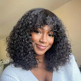 Short Bob Curly Human Hair Wigs With Bangs None Lace Front Human Hair Wigs For Women 180% Density Kinky Curly Fringe Bang Wig Human Hair Machine Made Brazilian Unprocessed Virgin Hair Wigs Natural Color