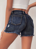 greatnfb Ripped Raw Hem Slash Pocket Denim Shorts, Dark Washed Blue Distressed Denim Shorts, Women's Denim Jeans & Clothing