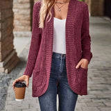 Plus Size Open Front Ribbed Cardigan, Casual Dual Pockets Long Sleeve Cardigan For Fall, Women's Plus Size Clothing