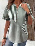 greatnfb  Striped Print Notched Neck Blouse, Casual Short Sleeve Button Front Blouse For Spring & Summer, Women's Clothing