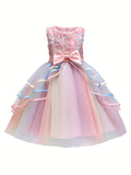 Elegant Girls' Unicorn Birthday Party Dress - Rainbow Tulle Ball Gown with Floral Applique, Comfort Fit