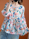 greatnfb  Floral Print Button Front Blouse, Elegant Short Sleeve Ruffle Hem Blouse, Women's Clothing