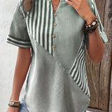 greatnfb  Striped Print Notched Neck Blouse, Casual Short Sleeve Button Front Blouse For Spring & Summer, Women's Clothing