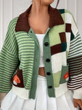 Plus Size Mushroom & Striped Pattern Knitted Cardigan, Casual Button Front Long Sleeve Cardigan For Fall & Winter, Women's Plus Size Clothing