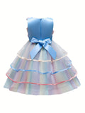 Elegant Girls' Unicorn Birthday Party Dress - Rainbow Tulle Ball Gown with Floral Applique, Comfort Fit