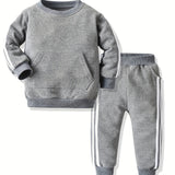 Buy 1 Get 1 Free, 2pcs Boys Fashionable Striped Warm Outfit Set - Cozy Long Sleeve Sweatshirt & Sweatpants for Spring, Fall, Winter - Comfortable & Durable