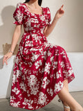 greatnfb  Floral Print Square Neck Dress, Elegant Puff Sleeve Ruffle Cuff Backless A-line Dress For Spring & Summer, Women's Clothing