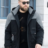 Plus Size Mens Warm Hooded Jacket, Loose Oversized Color Block Jacket Coat With Patch Pockets For Winter, Men's Parka