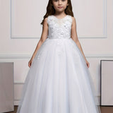 Elegant Princess Lace Gown for Girls - Flower Accents, Sleeveless Tulle, Full-Length - Ideal for Weddings, Pageants, and Formal Events