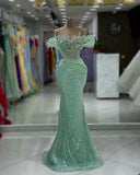 Elegant Mint Green Mermaid Evening Dresses Sheer Jewel Neck Beaded Crystals Prom Gowns Birthday Special Occasion Dress