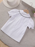 Cotton Girls Lapel Collar Puff Sleeve Short Sleeve Shirt - Fashionable Solid Color Summer Wear - Hand Wash Only, Non-Stretch, Regular Fit, Woven Fabric