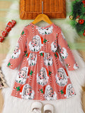 Girls' Christmas Santa Print Long Sleeve Dress, Cute Polyester Fabric, Stretchy, Christmas Pattern, A-Line, Ruffle Detail, Spring/Autumn Season, Children'S Fashion Dress