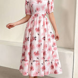 greatnfb  Floral Print Square Neck Dress, Elegant Short Sleeve Ruffle Hem Aline Dress For Spring & Summer, Women's Clothing