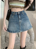 greatnfb Plain High Rise Denim Skorts, Slash Pocket Washed Blue Versatile Denim Shorts, Women's Denim Jeans & Clothing