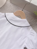 Cotton Girls Lapel Collar Puff Sleeve Short Sleeve Shirt - Fashionable Solid Color Summer Wear - Hand Wash Only, Non-Stretch, Regular Fit, Woven Fabric