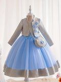 3pcs Girls Glamorous Puffy Princess Dress Set - Flower Embellished, Jacquard Jacket & Bag - Perfect for Parties & Performances