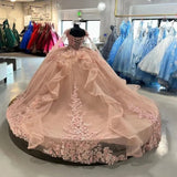 Pink Princess Quinceanera Dresses with Cape 3D Flower Applique Lace-up Corset Cinderella Prom Birthday Sweet 16 Dress Sweetheart Red Floral Ball Gowns