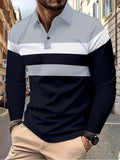 Men's Stylish Color Block Polo Shirts - Long Sleeve Lapel Golf Polos with Mid Stretch, Regular Fit, and Casual Style for Spring/Autumn Season Wear