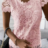 greatnfb  Lace Crew Neck T-Shirt, Elegant Short Sleeve T-Shirt For Spring & Summer, Women's Clothing