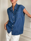 Plain Washed Casual Chest Pockets Cape Sleeve Elegant Denim Shirts Top, Women's Denim Jeans & Clothing