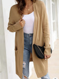 Plus Size Solid Open Front Cardigan, Casual Long Sleeve Pocket Cardigan For Fall & Winter, Women's Plus Size Clothing